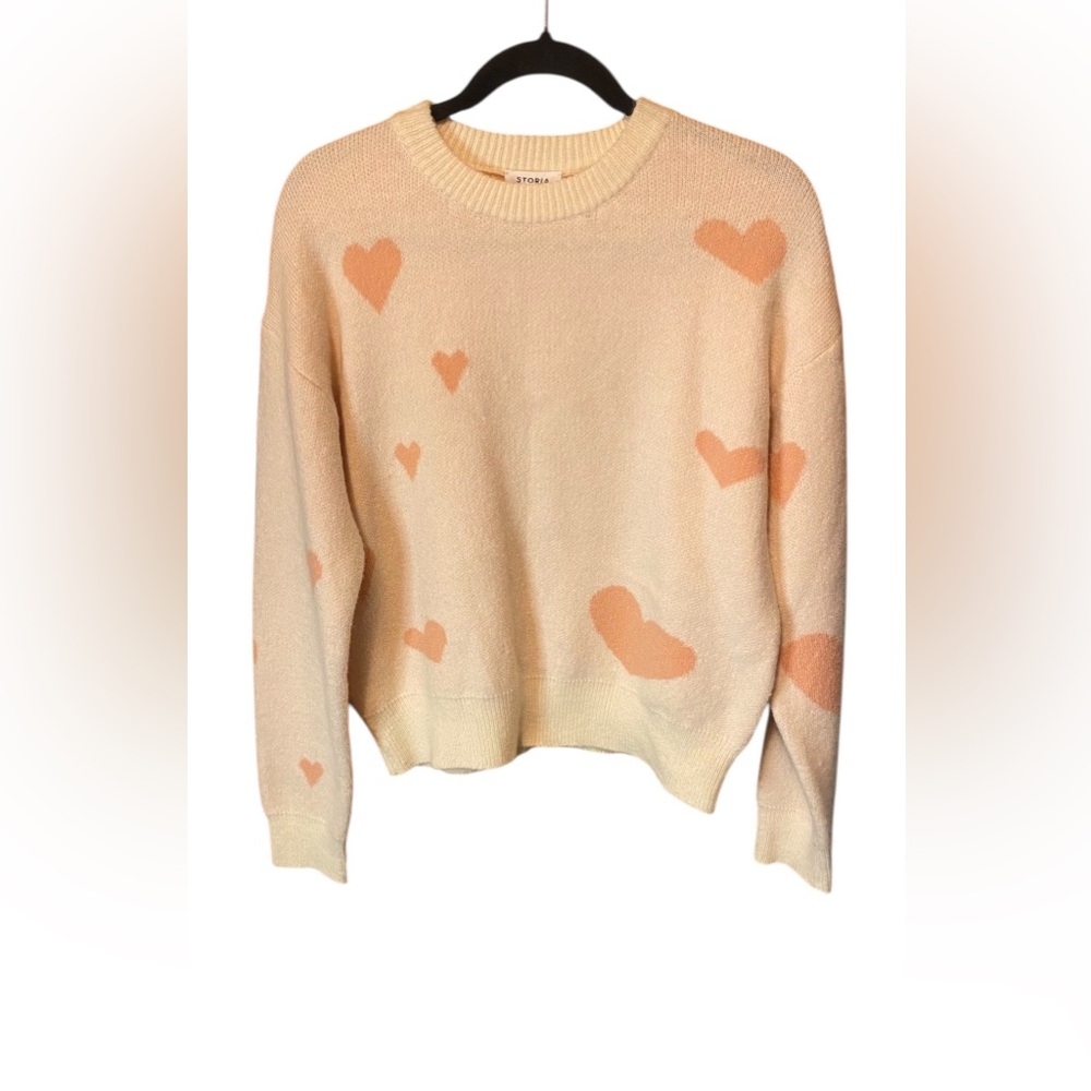 Storia Cream Pink Heart Sweater Size Small NWT Soft Girl Coquette Knit